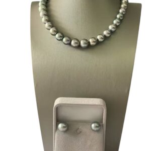 鉑金灰33粒南洋珠頸鏈和耳環